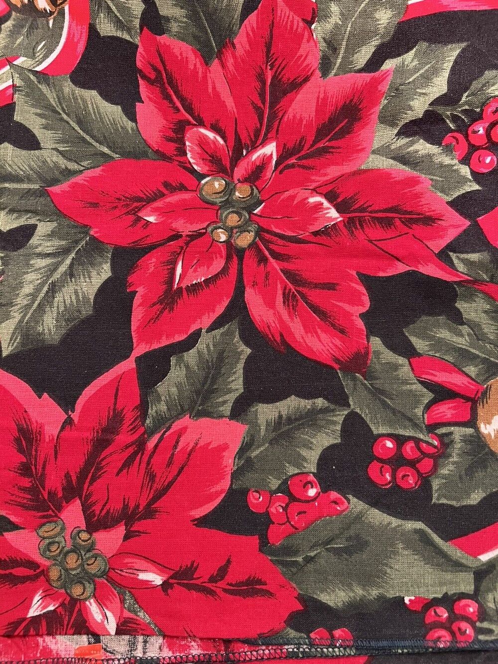 Large Vtg Christmas Tablecloth Square Poinsettia Holly Floral Holiday Cotton
